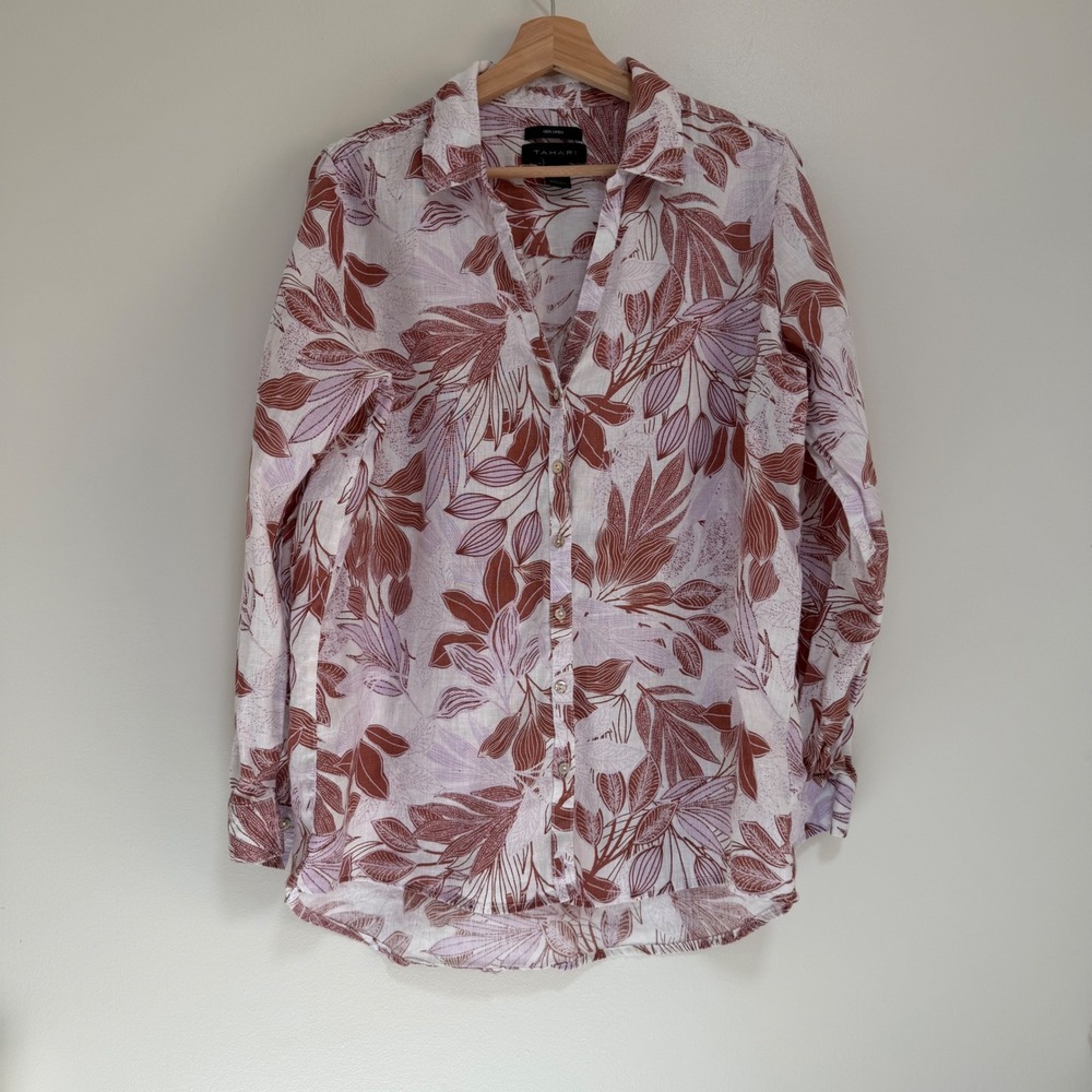 Tahari Linen Button Down Shirt Womens L Brown Lavender Tropical Leaf Long Sleeve